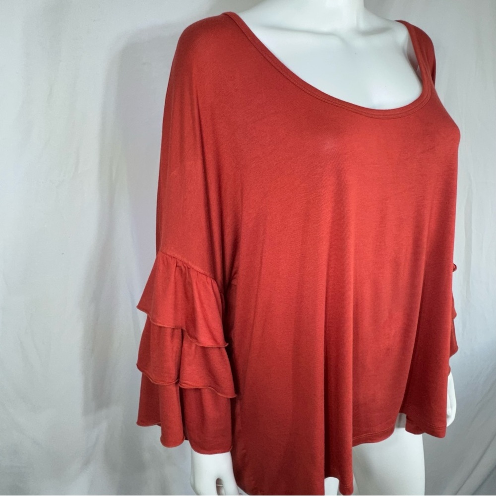 Rouge Collection Rust Colored Ruffles Bell Sleeve Top - Picture 2 of 6